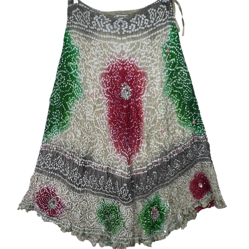 VTG Silver Stream Silk Crinkled Maxi Skirt One Size Textured Bollywood‎ Bohemian